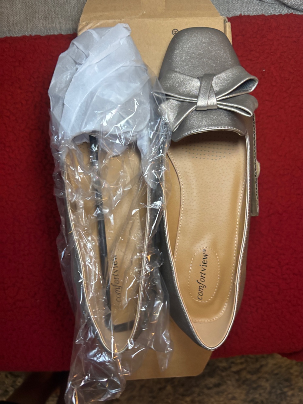 Comfortview Metallic Silver Women's Slip-On Loafers with Bow Accent